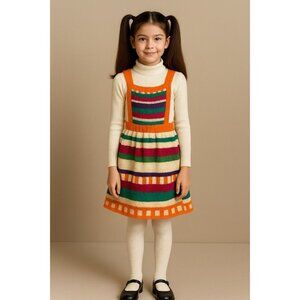 Vintage 1970s Handknit Girls Pinafore Dress Colorful Striped Jumper Sz 5 6 7 8